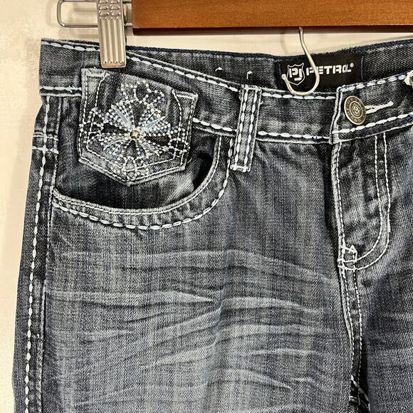 Petrol Alex Boot Cut Dark Blue Jeans White Stitching Low Rise Rhinestone Design - Picture 3 of 8